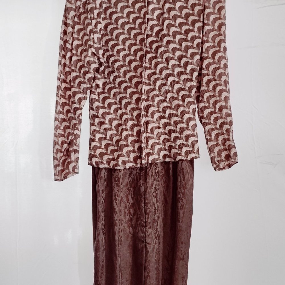VTG 80s 90s 100% Silk Twist Front Midi Dress Scallop Brocade Brown Size 4 - Picture 5 of 15